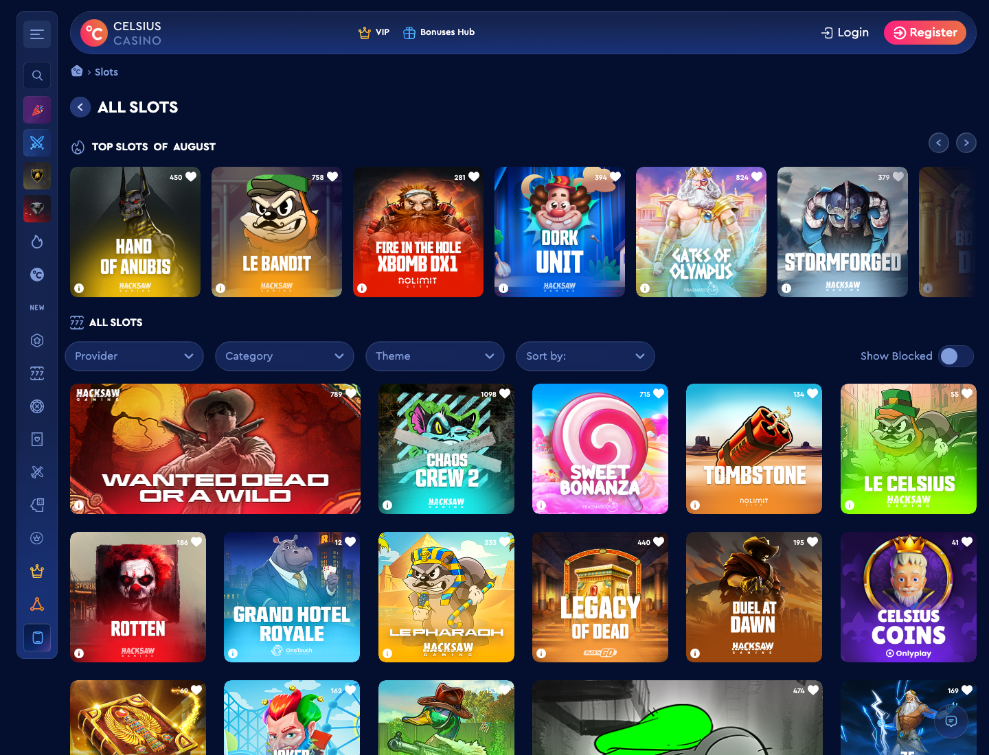 Le lobby de Celsius Casino après connexion